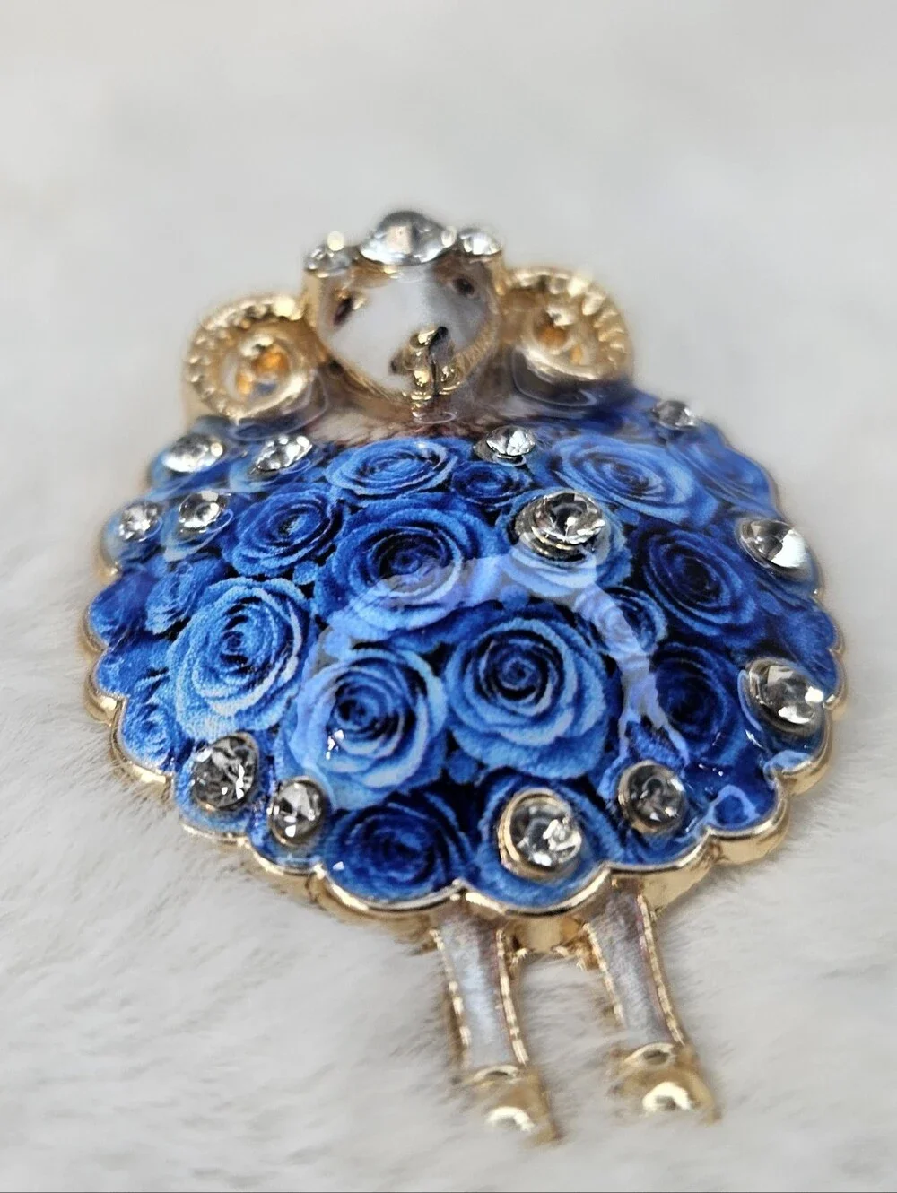 Blue Floral Sheep Brooch Pin with Crystal Accents